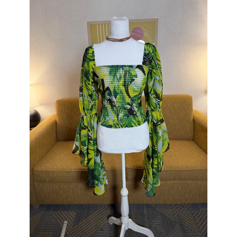 Live 4 Truth Green Tropical Leaf Smocked Crop Top Long Bell Sleeve Small